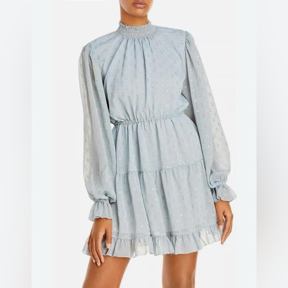 OPT small dusty blue gold shimmer polka dot dress mini ruffles long sleeve euc